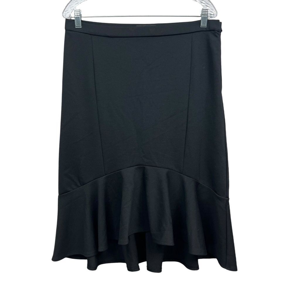 Banana Republic Women Midi Skirt Stretch Ruffle Flared Hi Low Hem Zip Black 8*